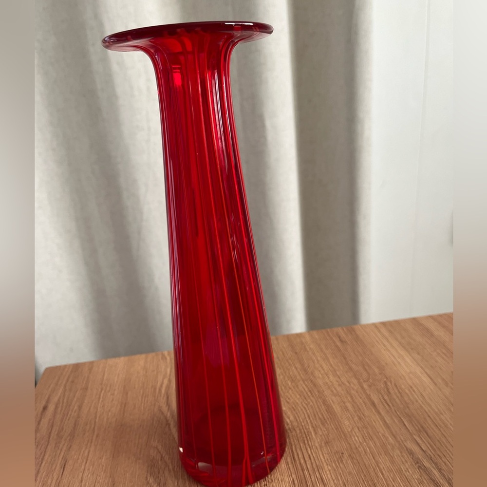 Tall Modern Red Vase Flat Top Tall Art Glass Handblown Pontil mark, Crate&Barrel